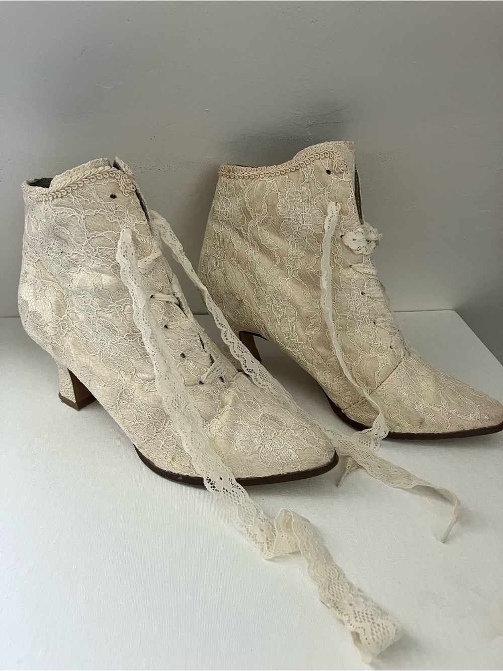 Lace-Up Ivory Lace Ankle Boots - Women's
